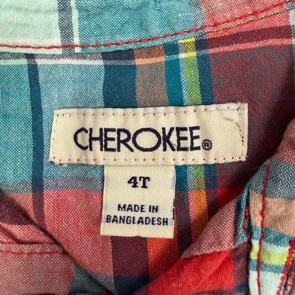 Cherokee Toddler Boys Plaid Button Down Shirt Red Teal Orange Size 4T Long Sleev - Picture 3 of 5